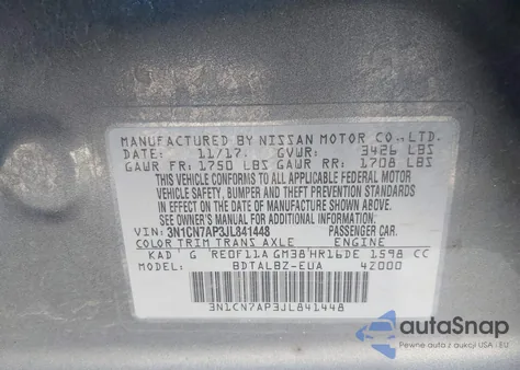 2018 Nissan Versa 1.6 Sv from USA, damaged, VIN 3N1CN7AP3JL841448